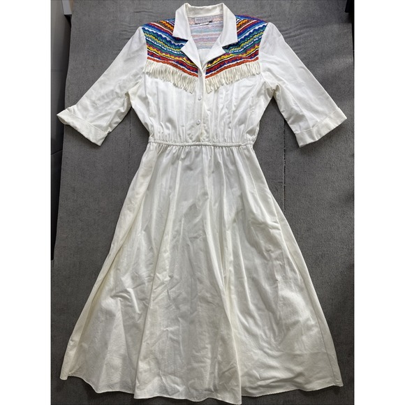 Vintage Western Fringe Dress White Embroidered Cowboy Midi Womens 16 Prairie - Picture 2 of 11